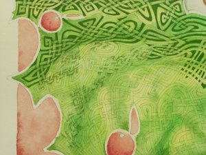 Detail showing the base layer of watercolor (bottom), some shading on top of the base layer (middle), and the knotwork shaded with the negative space filled.